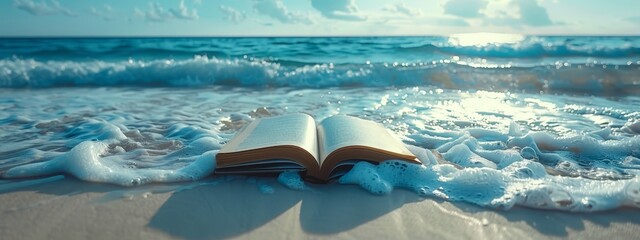  A book open on a sandy beach beside the crashing waves