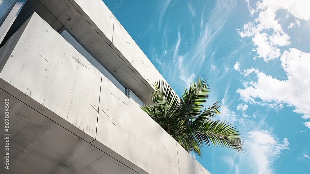 Poster architecture with wall concrete texture with open window against blue sky and clouds exterior white 