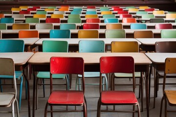 Fototapeta premium Classroom Interior with Colorful Chairs and Tables