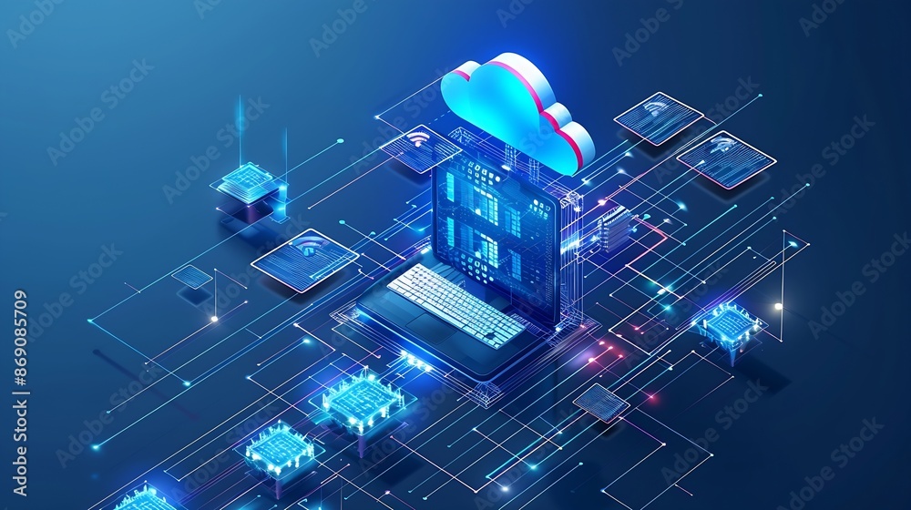 Fototapete Exchange information and data with internet cloud technologyFTPFile Transfer Protocol files receiver and computer backup copy File sharing isometric Digital system for transferring doc : Generative AI