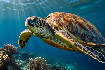 Fototapeta premium A giant sea turtle swimming elegantly undersea