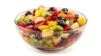 Bowl of fresh fruit salad filled with a variety of fruits, isolated on a white background.