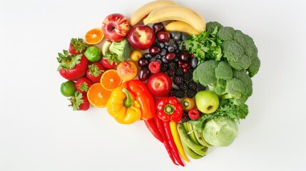 Brain made of mixed fruits and vegetables on a white background, highlighting the importance of nutrition.