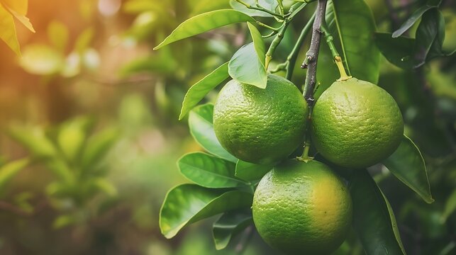green pomelo fruit hanging on Branch Citrus Fruit Lime tree with fruits closeup healthy calamansi or calamondin close up pani dodam citrus limetta kalamansi : Generative AI