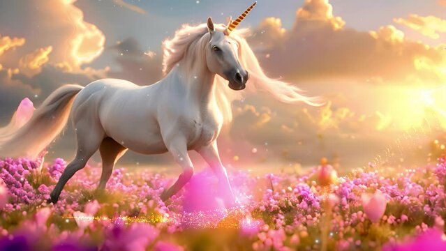 Unicorn in magical fantasy landscape pink neon colors. Unicorn concept, magic design with stars and pastel sky 4k video Soft background beauty spark 4k