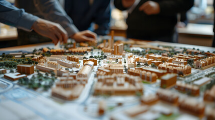 Naklejka premium Real Estate Development Master Plans, master plans for real estate development projects with an image featuring developers and investors examining blueprints for mixed-use developmen