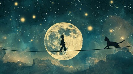 Naklejka premium A Silhouetted Boy and Cat Walking on a String in a Night Sky