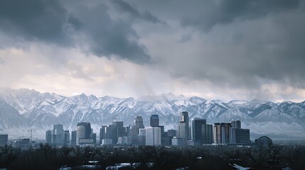 Fototapeta premium Skyline of Salt Lake City downtown in Utah with Wasatch Range Mountains in the background : Generative AI