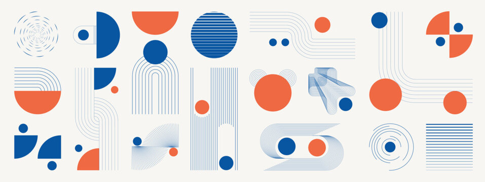 Fototapeta Hand drawn abstract minimal element mid century vector set. Aesthetic contemporary stripe line art, geometric shape in monochrome. Art form design for wall art, decoration, wallpaper.