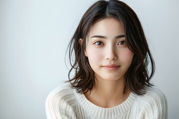 Fototapeta premium A young woman with short brown hair and light makeup is smiling at the camera.