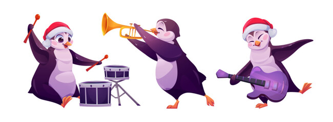 Cute penguin character in Santa Claus hat with music instruments for animal holiday band concept. Christmas or winter orchestra collection - happy funny northern birds playing guitar, drum and trumpet © klyaksun