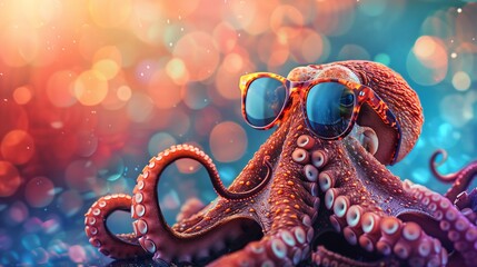 Fototapeta premium Octopus in Sunglasses, Underwater Bokeh Background
