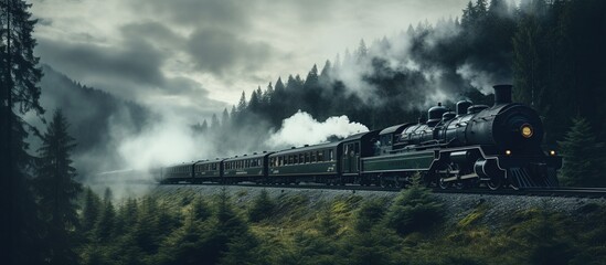 Fototapeta premium Steam Train Disappears Into Misty Forest