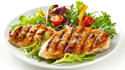 Juicy grilled chicken breast and fresh mixed salad, isolated on white for appetizing and wholesome dining ideas.