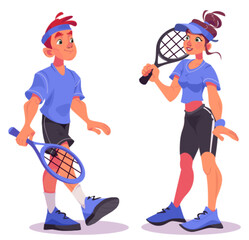 Tennis player character set - young smiling man and woman in sportswear with racket. Cartoon vector illustration of male and female athlete during training or competition. Sportsperson playing match.