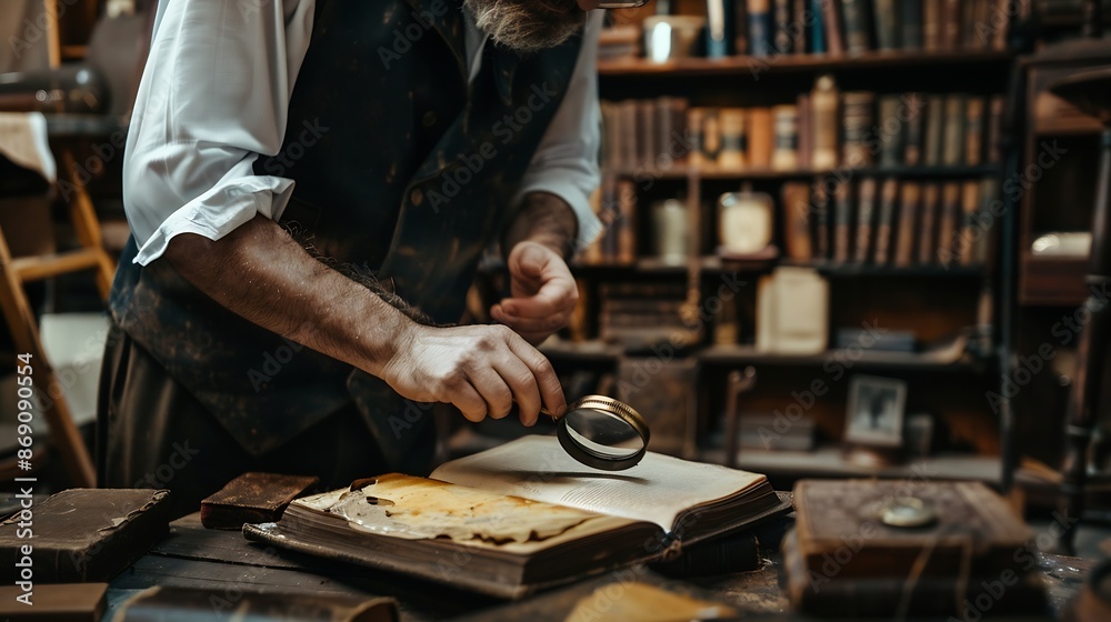 Poster business owner working in his shop and selling vintage items he is checking an antique book using a 