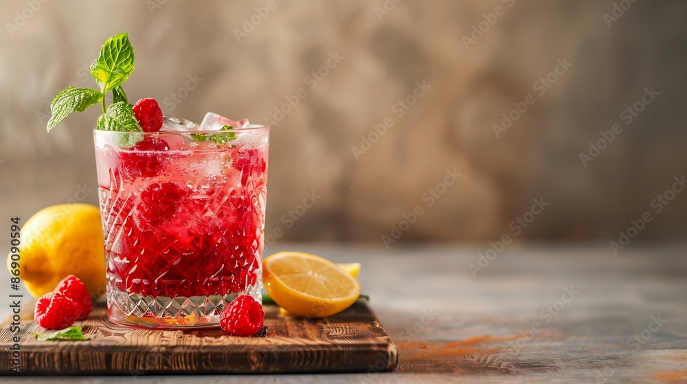 Poster raspberry cocktail with ice in a glass on a wooden cutting board a refreshing berry drink with mint 