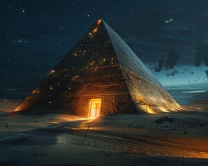An ethereal pyramid illuminated with yellow lights stands under a starry sky, creating a mystical and captivating scene in the tranquil desert at night.