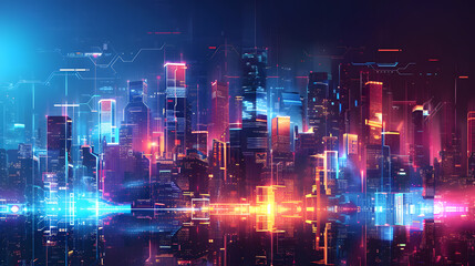 Obraz premium Vector illustration urban architecture, cityscape with space and neon light effect. Modern hi-tech, science, futuristic technology concept. Abstract digital high tech city design
