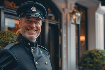 Obraz premium Cheerful Doorman Smiling in Uniform