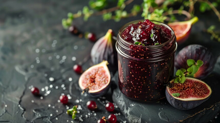 Homemade fig jam in glass jar with fresh figs on rustic table