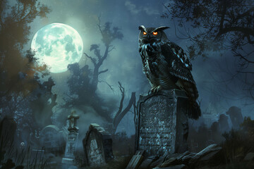 Fototapeta premium Owl Perched on Gravestone in Mystical Graveyard