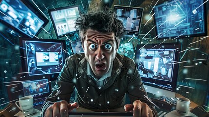 A crazed man frantically multitasks, surrounded by screens. He struggles with the overwhelming data influx.