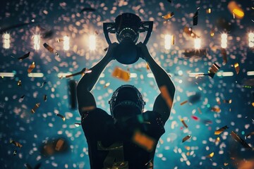 Excited football player lifting trophy under lights