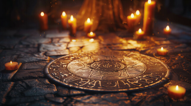Magical transmutation circle glowing brightly with surrounding candles