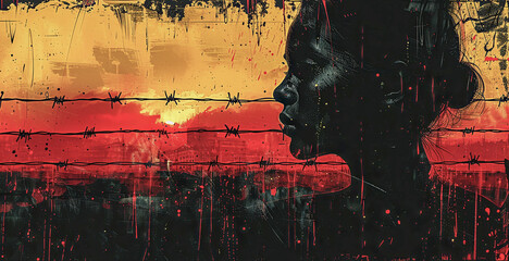 Illustration od A poignant scene depicting the harsh reality of a refugee camp at sunset, highlighting the enduring spirit of its inhabitants