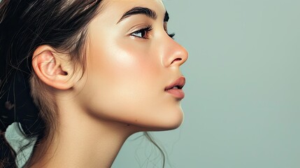 Fototapeta premium Side profile of a young woman with shiny, healthy skin, emphasizing her natural beauty.