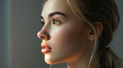 Fototapeta premium Side view of a young woman with flawless, healthy skin, capturing her natural beauty.