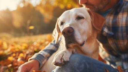 Man stroking his old dog Loyal labrador retriever enjoying autumn sunny say with his owner :...