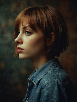 Portrait of a young woman with short red hair in a denim jacket.