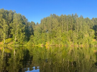 beautiful lake on the shore forest with reflection in water blue sky in reflection of water.