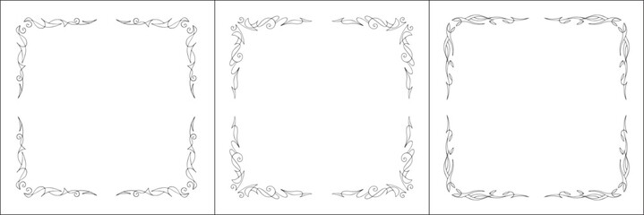 Set of three thin vector decorative frames. Black and white. Vector frame for all sizes and formats. Isolated vector illustration.	

