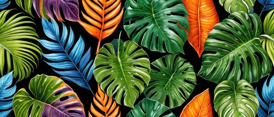 A vibrant pattern with colorful tropical leaves against a dark background. Perfect for nature-inspired designs, backgrounds, and wallpapers.