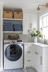 A modern, pristine laundry room with white cabinetry, an efficient washing machine, neatly stacked towels, and natural light, showcasing cleanliness and organization.