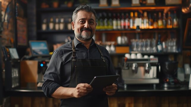 Portrait of hispanic cafe owner holding a digital tablet : Generative AI - Powered by Adobe