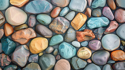 Naklejka premium Colorful pebbles and rocks texture the background in a top view. The background features different colored pebble stones for design, print or wallpaper purposes.