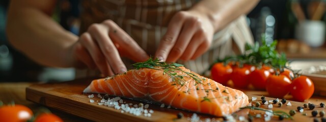 Obraz premium person slices salmon on a cutting board, tomatoes nearby