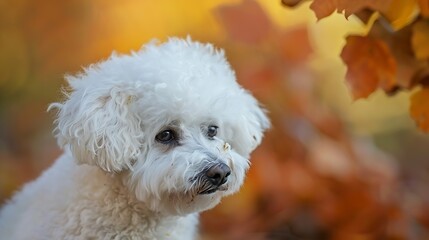 Closeup portrait of a Bichon Frise dog capturing the essence of autumn in a delightful stock photo The fluffy white coat of the dog contrasts beautifully with the warm hues of the fall : Generative AI