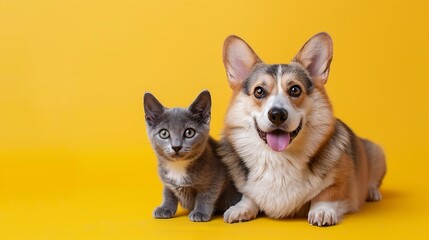 Obraz premium Cat and dog together panting Puppy Welsh Corgi looking at camera and proud grey cat on yellow background : Generative AI