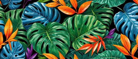 A vibrant pattern with colorful tropical leaves against a dark background. Perfect for nature-inspired designs, backgrounds, and wallpapers.