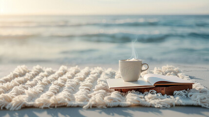 Cozy morning at the beach with a warm cup of coffee and a book on a knitted blanket overlooking the serene ocean waves.