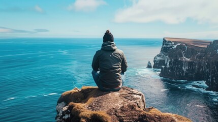 Solo traveler sitting on a cliff overlooking the ocean, capturing the solitude and beauty of solo travel