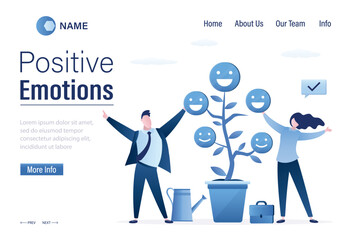 Positive emotions, landing page. Always good mood. Happy people growing tree with happy smiling emoji. Wellbeing, happiness or positive attitude, relaxation to reduce anxiety