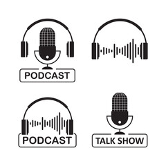 Set of podcast icons and talk show logo. Big microphone with earphones and inscriptions. Monochromatic musical or podcast labels on white background. Design elements template