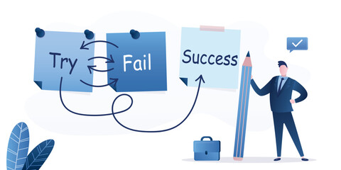 Purpose and movement to success despite obstacles. Notes with an algorithm and probable courses of action. Arrows show the routes of movement. Ambitious businessman with pen.