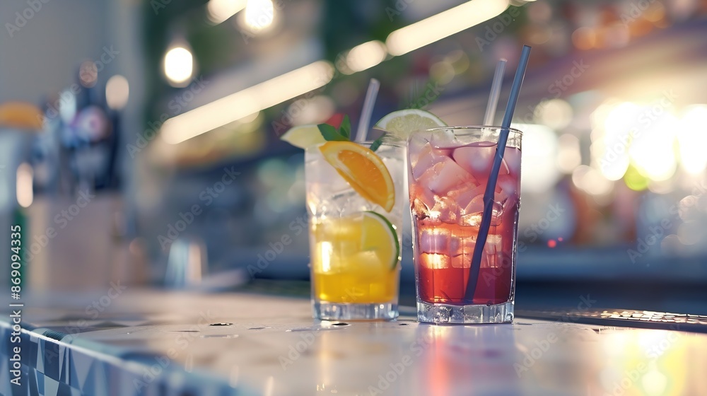 Poster cocktail drinks served in glasses with drinking straws on top counter bar : generative ai